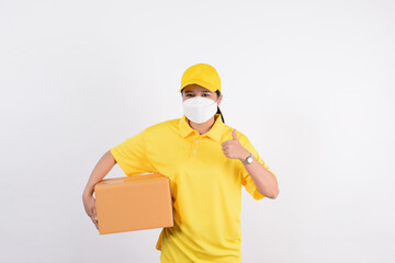 Fototapeta na wymiar Delivery woman employee in yellow cap blank t-shirt uniform