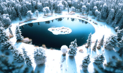 Aerial shot of a snow-covered forest with a frozen lake