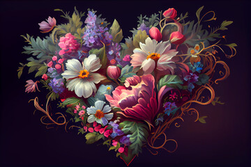 A beautiful heart-shaped bouquet of flowers, with a variety of colors, shapes, and textures, generative ai