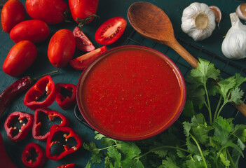 Tomato sauce, tomatoes and sweet pepper, Georgian Satsebeli sauce, with ingredients on a dark background, top view, close-up, no people,
