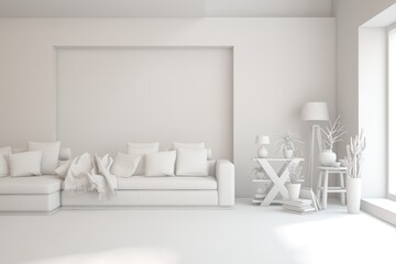 Grey living room concept with sofa. 3D illustration