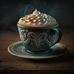 A cup of coffee with creamy foam in the form of a beautiful pattern. Generative AI.