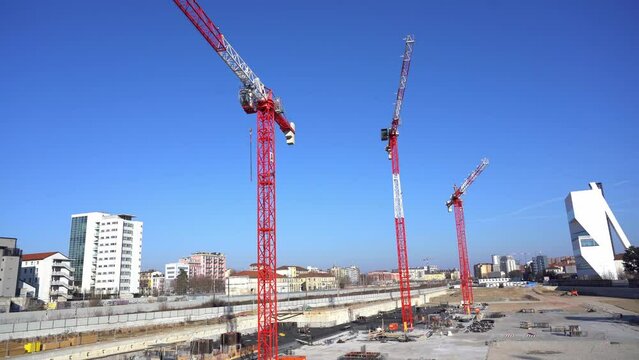 EUROPE, ITALY, MILAN 2023 - Drone aerial view of Scalo Porta Romana, building construction of Olympic Village for Milan-Cortina 2026 Winter Olympics games in downtown of the city near Prada Tower  