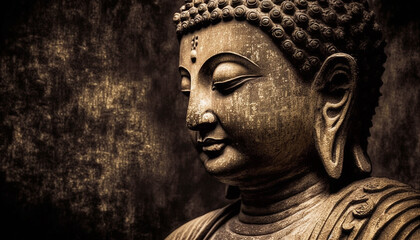 Theravada Buddha meditates on a black background. Copy space. Generative AI.
