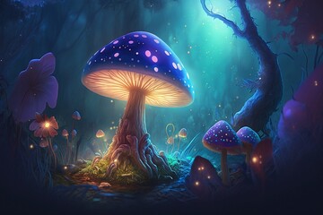 Fototapeta na wymiar Magical mushroom in fantasy enchanted fairy tale forest with lots of brightness and lighting with generative AI