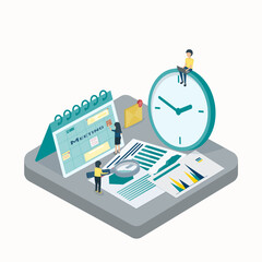 Businessman managing time and calendar schedule. She is checking the schedule. Add an appointment or modify the calendar Check tasks and working hours to match assigned tasks.  Vector 3D illustration.