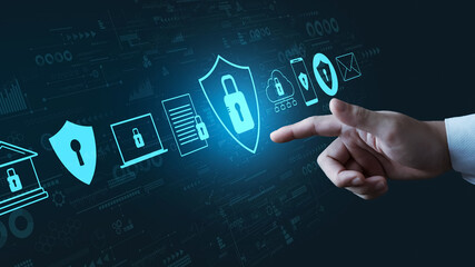 Cybersecurity Privacy data protection concept, businessman touching padlock protect business and financial data with virtual network security connection, secure internet access, security encryption.