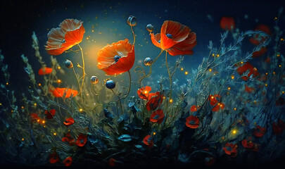 Fototapeta na wymiar A serene and mystical moment captured in art, with fireflies perched on wild poppies amidst a misty ambiance, heightened by the shimmering moonlight