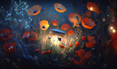 A serene and mystical moment captured in art, with fireflies perched on wild poppies amidst a misty ambiance, heightened by the shimmering moonlight - obrazy, fototapety, plakaty