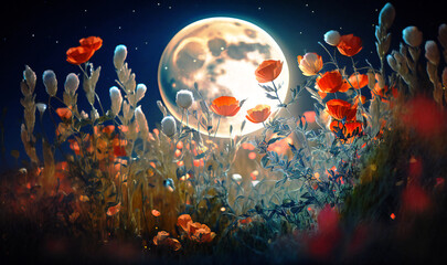 Obraz na płótnie Canvas The soft luminescence of the full moon casts an enchanting spell over the serene field, where crimson poppies dance in the cool night breeze