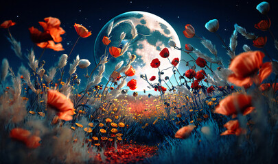 Obraz na płótnie Canvas The soft luminescence of the full moon casts an enchanting spell over the serene field, where crimson poppies dance in the cool night breeze