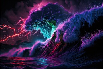 Background of neon sea wave in the bloom of a thunderstorm AI