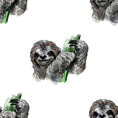 Seamless pattern of hand drawn sketch style Sloths isolated on the white background. Vector illustration. - 573286226