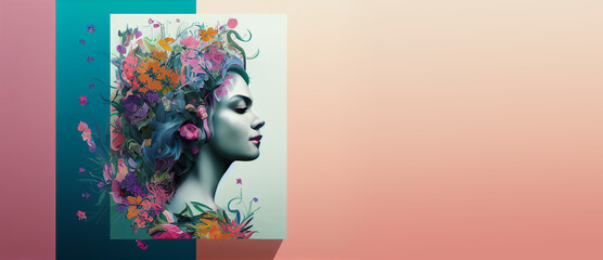 Women's day celebration banner, 8 march, woman profile hair decorated with flowers graphic illustration, horizontal copy space on pink background. Generative AI