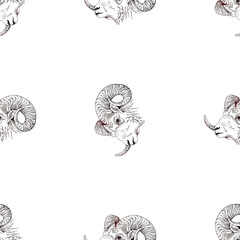 Seamless pattern of hand drawn sketch style Rams isolated on the white background. Vector illustration. - 573286459
