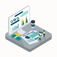 Businessman analyzing data on paper and computer. They may be reviewing financial reports, market trends to decide the direction and strategy of the company. Vector 3D illustration.