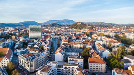 Aerial view of the Gries district in Graz, Austria. A high office building surrounded by lower houses  as an architectural eyesore