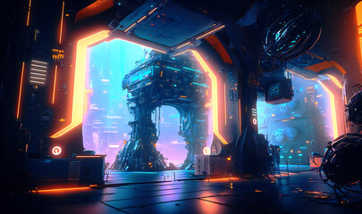 The cyberpunk space landscape is a futuristic marvel, with towering, neon-lit structures and sleek, high-tech vehicles against a star-studded backdrop