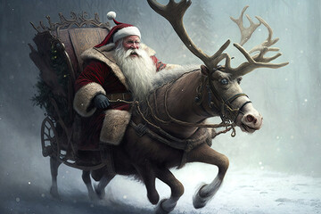 Santa Claus riding a reindeer sleigh to deliver presents, generative AI