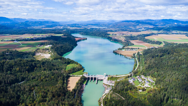 Aerial view of the water power plant Endling at the river Drau