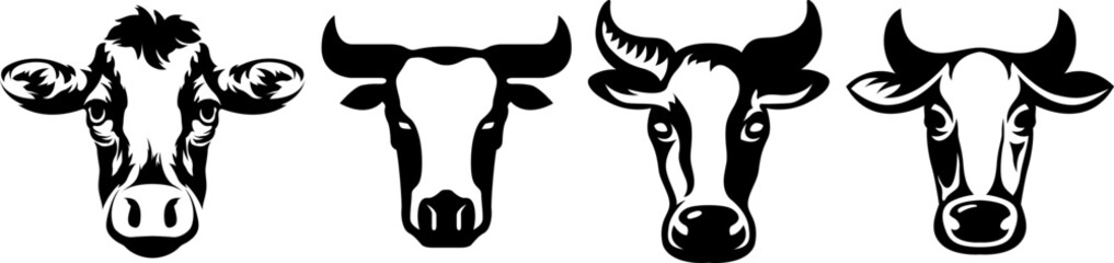 Cow head mascot variant set. Cattle logo. Farm animal illustration.