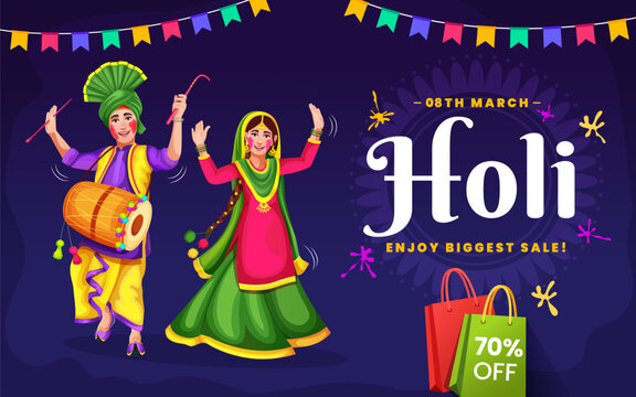 Vector illustration of Holi banner for sale and promotion for Festival of Colors celebration with message exclusive Holi sale. Indian people dance, celebrate, and apply color to each other.