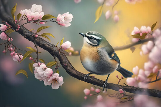 The bird standing on cherry blossom branch, generative AI