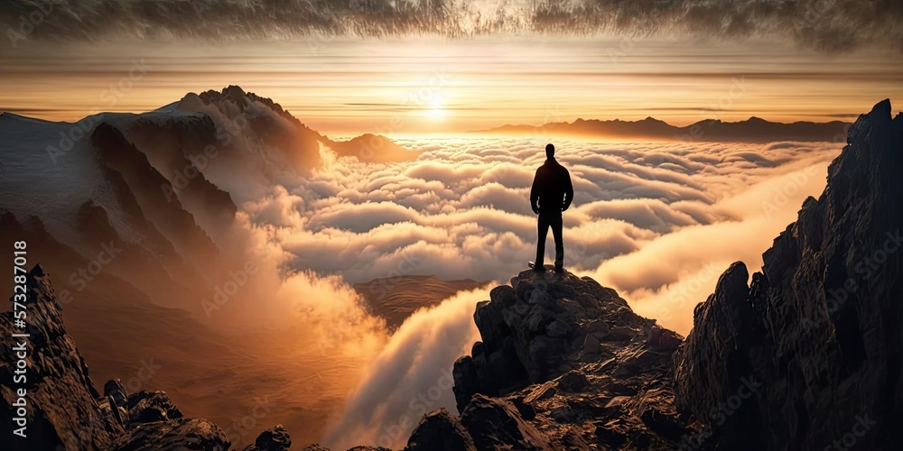 Poster man standing on the top of the mountain there is a misty sea view filled with beautiful clouds. the 