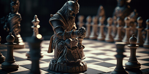 Chess piece on chessboard, competition success and strategy game play, design created with Generative Ai 