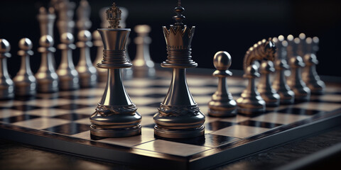 Chess piece on chessboard, competition success and strategy game play, design created with Generative Ai  - 573287060