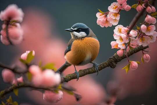 The bird standing on cherry blossom branch, generative AI