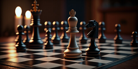 Chess piece on chessboard, competition success and strategy game play, design created with Generative Ai  - 573287258