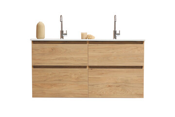 Wooden bathroom cabinet with two taps. Isolated on a transparent background.