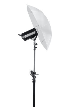 Studio umbrella light. Lighting equipment photography set up. Photo studio technology.