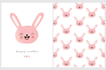 Cute PinkHappy Rabbit.Hand Drawn Easter Vector Illustration and Seamless Pattern with Funny Bunny isolated on a White Background.Easter Holidays Print with Lovely Rabbit ideal for Card,Wrapping Paper.