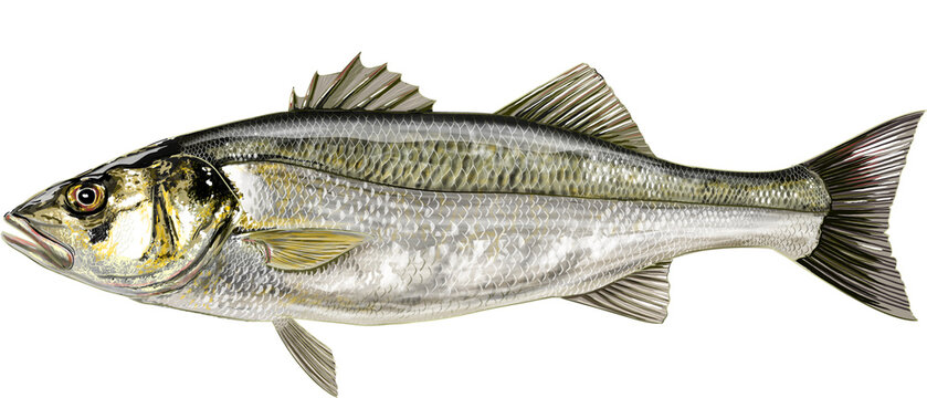 Ilustración realista digital de lubina o róbalo europeo Morone labrax o Dicentrarchus labrax ideal para la pesca deportiva vista lateral con las aletas desplegadas.