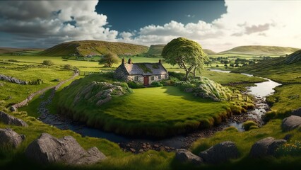 Irish landscape hill background. Generative AI - obrazy, fototapety, plakaty
