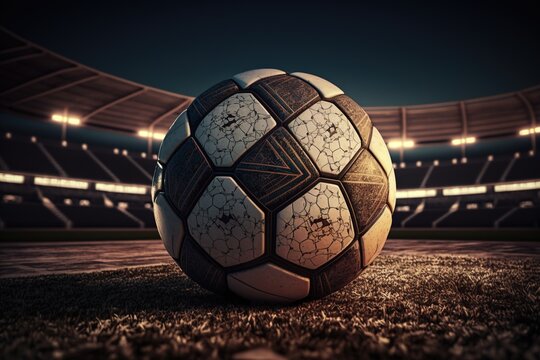 Close up image of soccer ball on the field of stadium. Generative AI