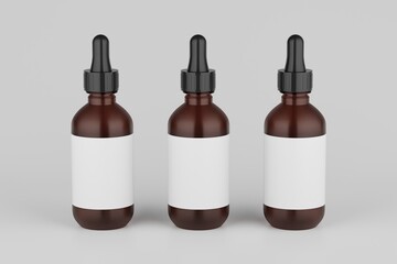 Amber Glass Dropper Mockup Multiple Bottles. Blank Label. 3D Illustration