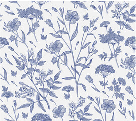 Seamless pattern Linum Flax Jasmine Hemlock tree wildflowers. Beautiful fabric blooming realistic isolated flowers Vintage background Wallpaper baroque. Drawing engraving Vector victorian illustration