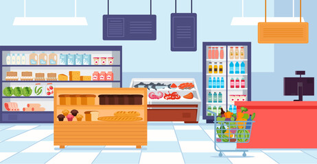 Supermarket shelf with food market store grocery shop empty interior concept. Vector graphic design illustration