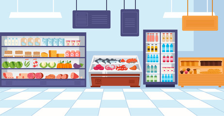 Supermarket shelf with food market store grocery shop empty interior concept. Vector graphic design illustration - obrazy, fototapety, plakaty