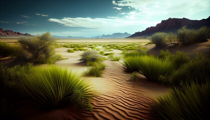 liminal lush grass oasis in the middle of an infinite desert, AI Generated