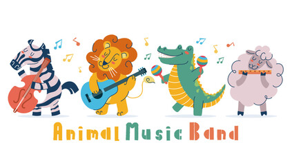 Animal music cartoon jazz instrument band concert concept. Vector graphic design illustration
