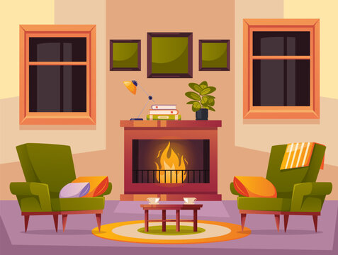 Interior room with fireplace cozy home cartoon concept. Vector graphic design illustration