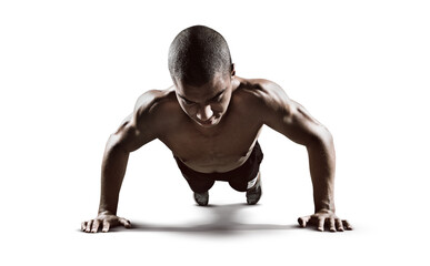 Sport. Handsome man doing push ups exercise with one hand in transparent buckground.	