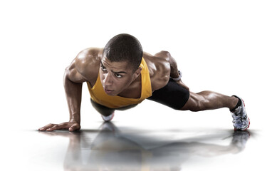 Sport. Handsome man doing push ups exercise with one hand in transparent buckground.	 - 573289055