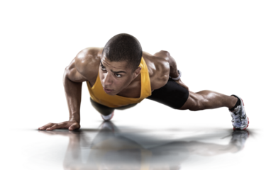 Sport. Handsome man doing push ups exercise with one hand in transparent buckground.	
