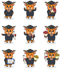Cute cartoon Deer in graduate hat on white background. Vector Set of Cute Graduation Themed Deer . Illustration symbol mascot character animal. Design flat cartoon.