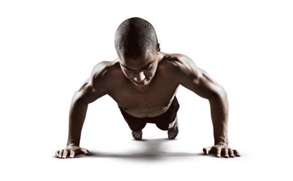 Sport. Handsome man doing push ups exercise with one hand in transparent buckground.	